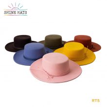 Multi Colors Plain Dye Flat Top Boater Kids Girls Fedora Hats Felt 100% Wool With PU Band Ribbons