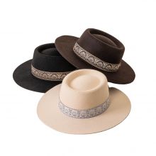 Ivory Dipped Crown Trimmed Ribbon Stiff Brim Boater Designer Band Wool Fedora Hat