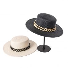 ＄12.5 - Shinehats Panama Grass Boater Top Chain Decoration Luxury Black Beach Hats
