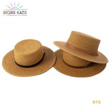 ＄9 - Shinehats OEM Custom Boater Top Camel Thick Paper Grass luffy Para Hombre Straw Hats With PU Leather Ribbon