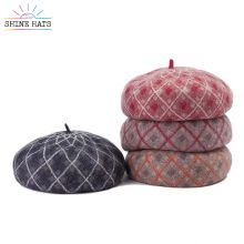 $9.5 - 2022 Shinehats OEM Custom Grid Pattern Multicolor Mushroom Hat Barrette Caps 100% Wool For Ladies Beret