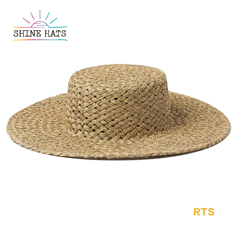 SaltyGrass Flat Top Hollow 10cm Brim 57cm Head Straw Hat Sun Custom Hat Lady Womens Femme Chapeau Women Beach Straw Hats