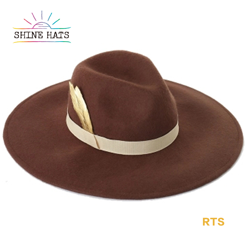 Custom Ribbon Metal Feather Accessories Wide Brim Tan Hat Felt Brim Hat Lack Of Color Wide Brim Hat Fedora Hat