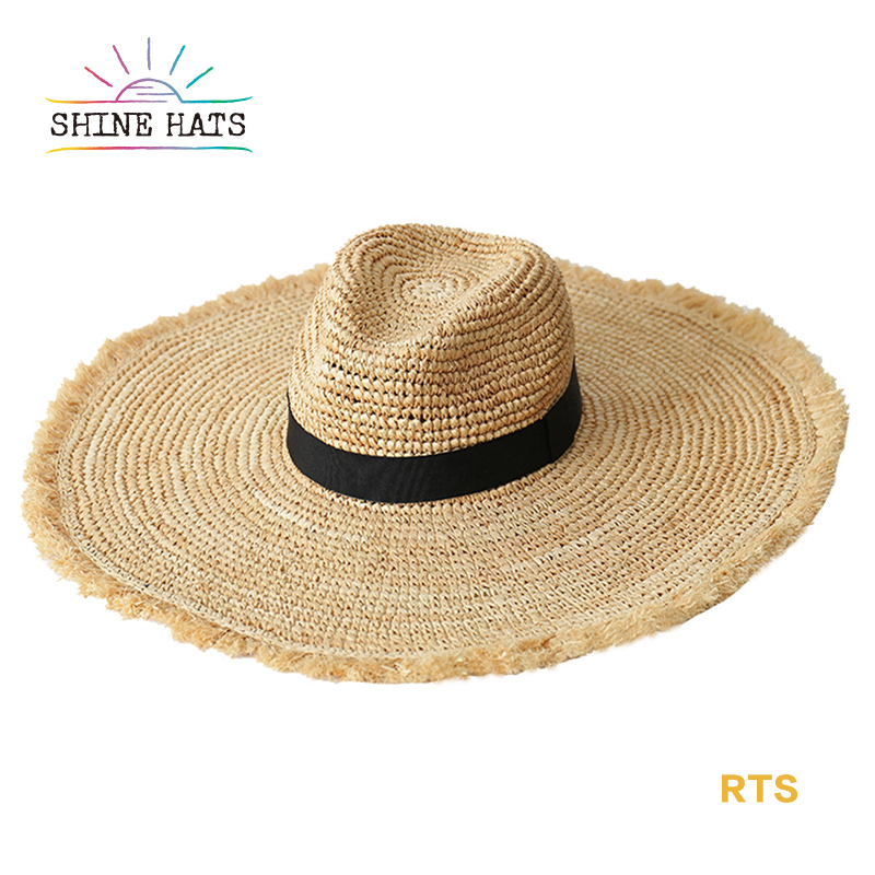 12.5＄ - Black And Natural SuperCrochetRaffia Burrs 14cm Brim 57cm Head Brim Straw Hat Custom Hat Lady Womens Femme Chapeau Women Beach Straw Hats