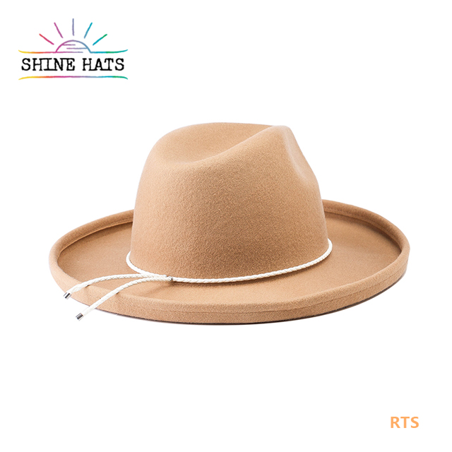 $12.5 - Luxury Warped Edge Camel White Rope Wholesale Wide Brim Hats Customizable Colors Felt Flat Brim Hat Stiff Brim Hats Fedora Hat