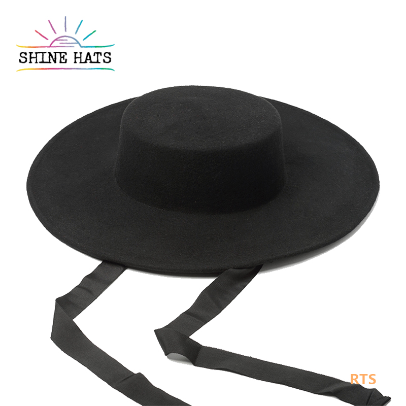 $21.5 - Black Flat Short Top Large Brim Fedora Felt Hat With Ribbon Rope Australian Wool For Winter Women Ladies