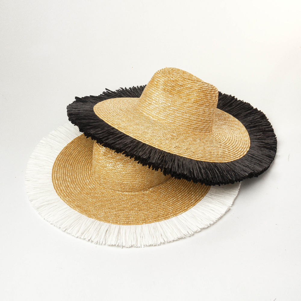 15＄ - Oversize 16cm Wide Brim Black Tassels Fringelace Natural Wheat Jazz Top Summer Beach Women Straw Hats