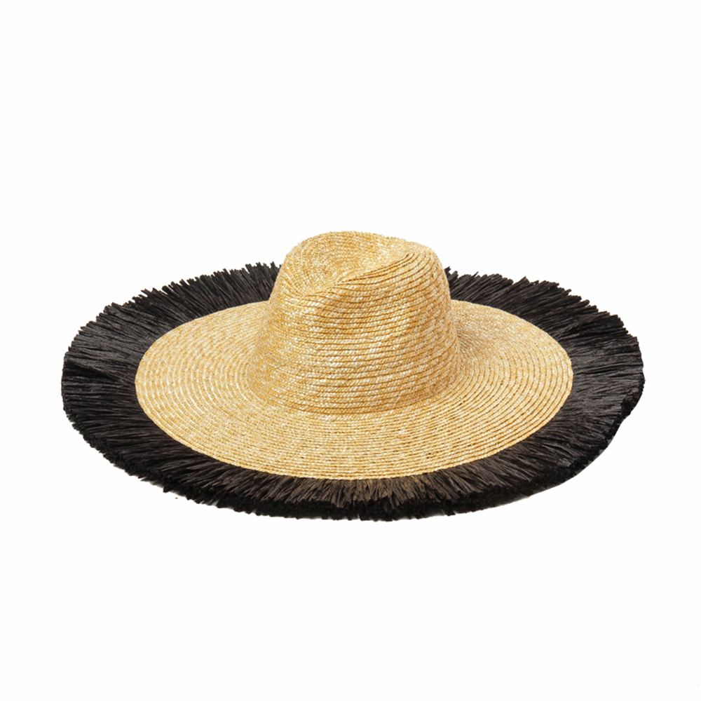 15＄ - Oversize 16cm Wide Brim Black Tassels Fringelace Natural Wheat Jazz Top Summer Beach Women Straw Hats