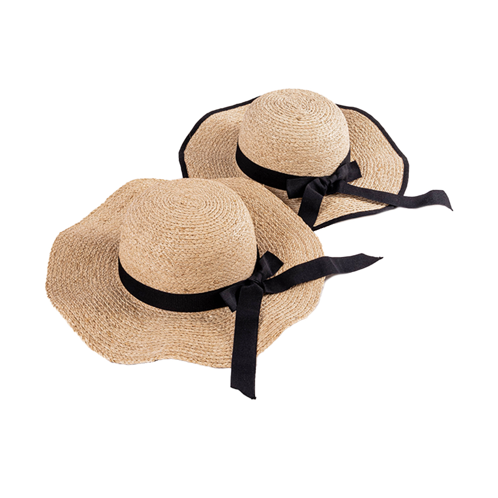 $11.7 - Shinehats Wave Riffia Floppy Summer Fashion Ladies Sombrero Black Bowknot Straw Hat