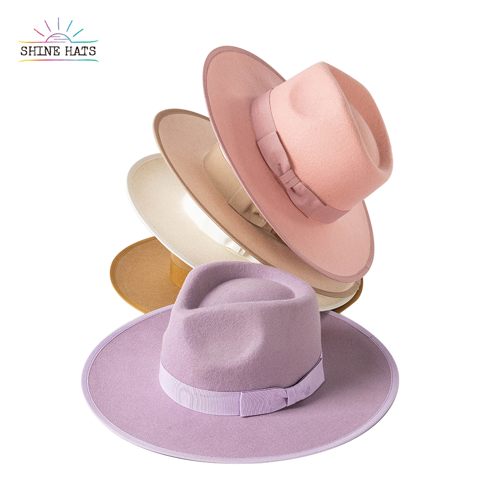 $18 - 2022 Shinehats Stiffened Wide Brim Wool Rigid Crown Colorful Sombrero Rancher Tonal Grosgrain Ribbon Felt Hats for Women