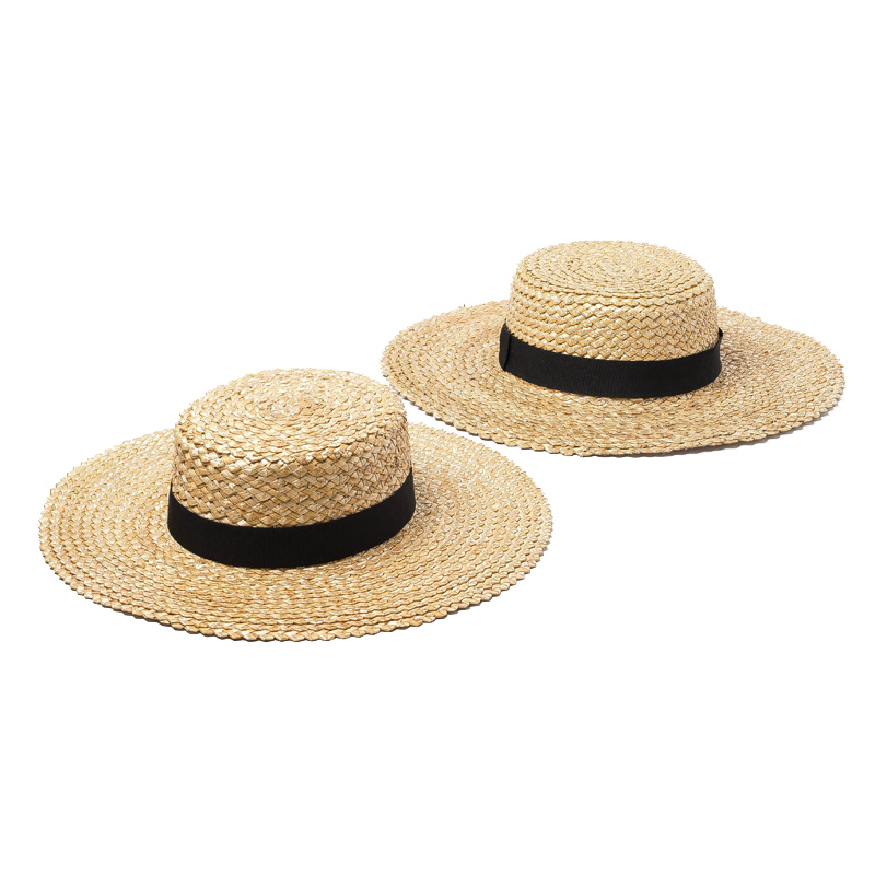 $13.5 - Shinehats Handmade Kid Wheat Boater Beach Sun Hat Wide Brim Summer Simple Black Ribbon Baby Straw Hat