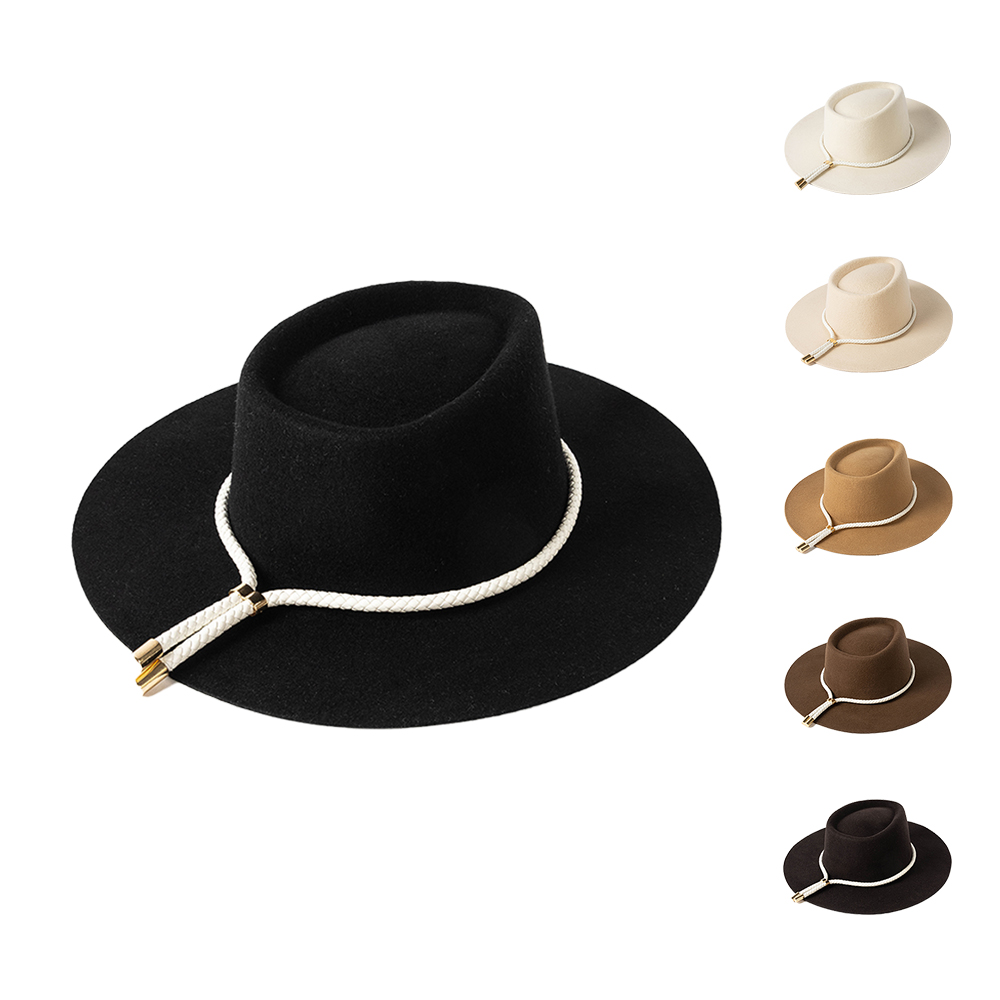 $11.5 - 2022 New Design Pu Tether Decoration Woolen Seamless Line Wide Eaves Straight Brim Heart Top Fedora Hat