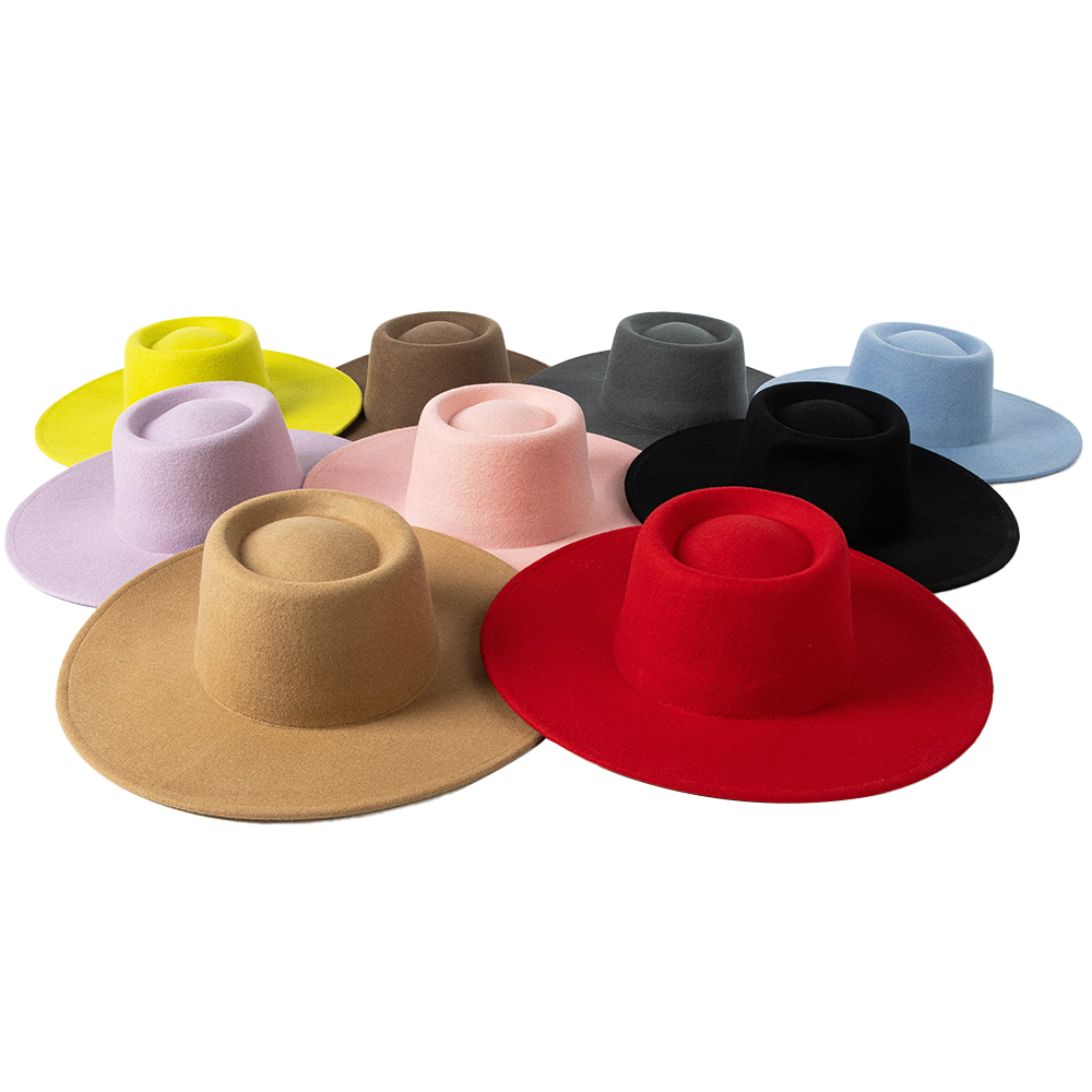 $12.5 - 2022 Colorful Plain Circle Top Wide Brim Rancher Chapeau Femme Manufacturer 100% Wool Pink Fedora Hat For Women