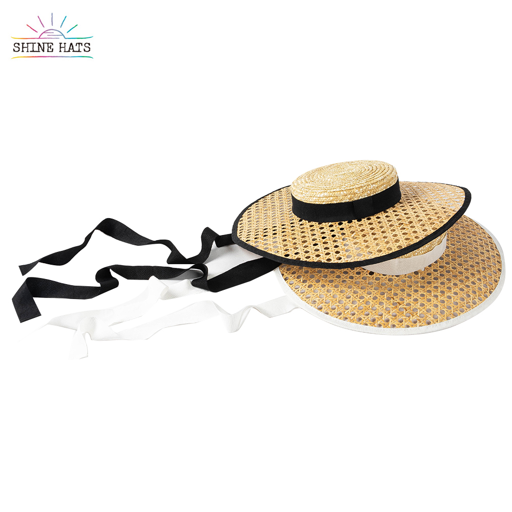 $23.2 - 2022 Shine Hats Customizable Spring Outing Wedding Kids Hollow Flat Top Natural Stiff Multicolor Straw Hat
