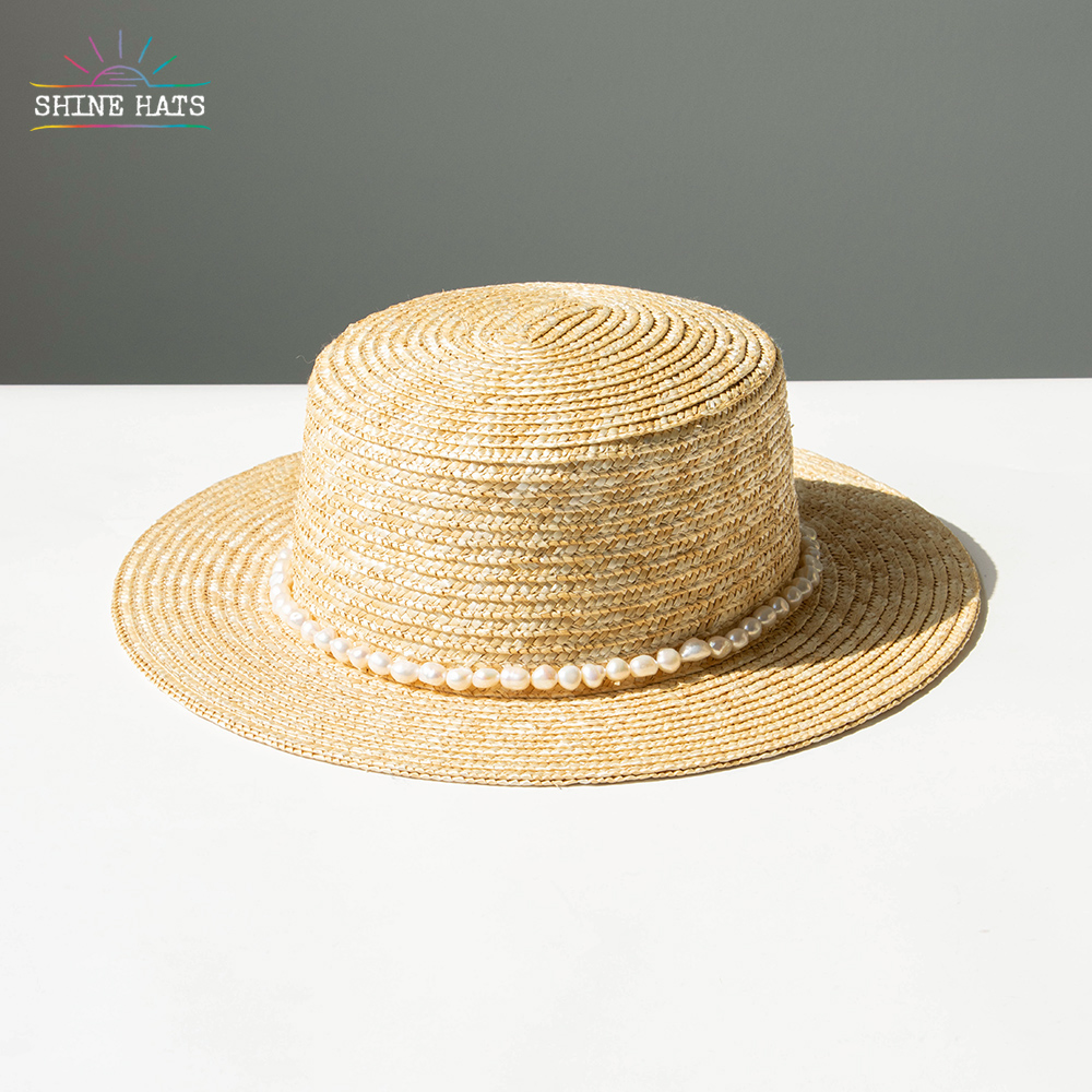 ＄8.5 - Shinehats Luxury Wheat Boater Women Straw Hats Custom Ladies Beach Hat Sun Summer Sombrero With Pearl Accessories