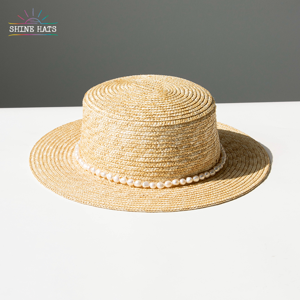 ＄8.5 - Shinehats Luxury Wheat Boater Women Straw Hats Custom Ladies Beach Hat Sun Summer Sombrero With Pearl Accessories
