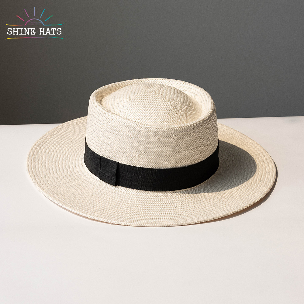 ＄12.5 - Shinehats 2023 Classic Pork Pie Boater Paper Straw Hat White Women Ladies Unisex Summer Sun Vintage Sombrero With Black Band