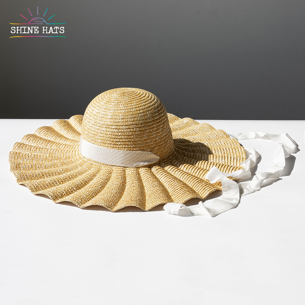 ＄11.5 - Shinehats Summer Wheat Woven Wave Wide Brim Shell Women Ladies Straw Hats Sun Beach Ladies Sombrero With Ribbon