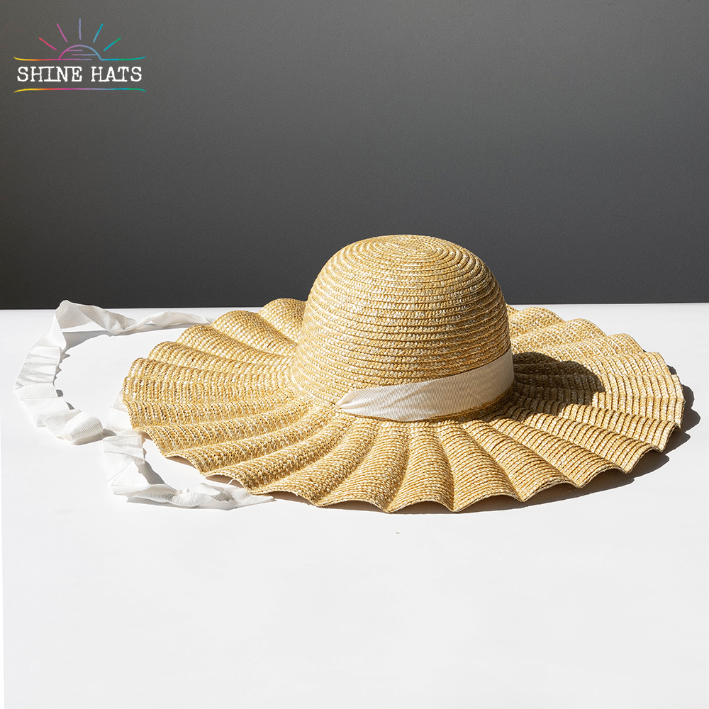 ＄11.5 - Shinehats Summer Wheat Woven Wave Wide Brim Shell Women Ladies Straw Hats Sun Beach Ladies Sombrero With Ribbon