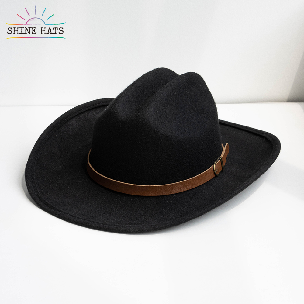 $13.5 - Shinehats Luxury Western Cowboy Fedora Hats 100% Wool Felt Colorful Women Cowgirl Chapeau With Hatband